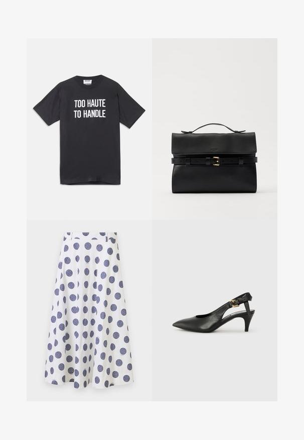 T-shirt en coton noir à manches courtes et col rond, avec un texte blanc sur le devant qui dit "TROP CHAUD POUR ÊTRE GÉRÉ".; Une jupe blanche jusqu'au genou avec un design évasé, ornée de grands pois bleu marine. Elle a une texture lisse et des détails plissés.; Chaussure à talon slingback en cuir noir avec un bout pointu, un petit talon et un détail de boucle sur la bride de cheville. Texture lisse, design minimaliste.; Sac à main en cuir noir avec un rabat, détail de boucle et une poignée supérieure. Texture lisse et design minimaliste, adapté à diverses occasions.