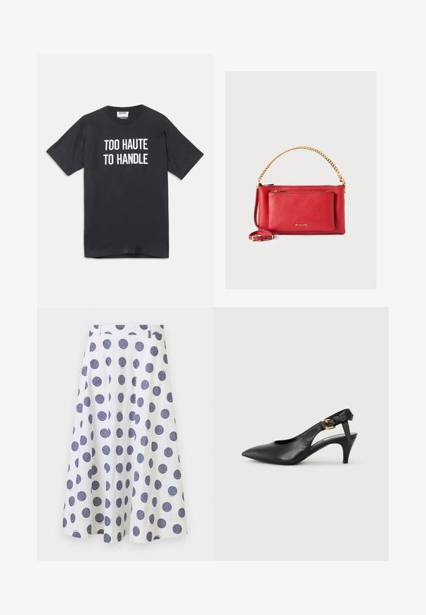 Černé bavlněné tričko s krátkým rukávem a kulatým výstřihem, na přední straně s bílým nápisem "TOO HAUTE TO HANDLE".; Sukně ke kolenům, bílá, s rozšířeným střihem, s velkými námořnickými modrými puntíky. Má hladkou texturu a sklady.; Černé kožené lodičky se slingback, špičatou špičkou, malým podpatkem a detailem s přezkou na pásku kolem kotníku. Hladká textura, minimalistický design.; Červená kožená kabelka s texturovaným povrchem, zlatým řetězem a popruhem, přední kapsou na zip a vyraženým logem. Kompaktní a strukturovaný design.