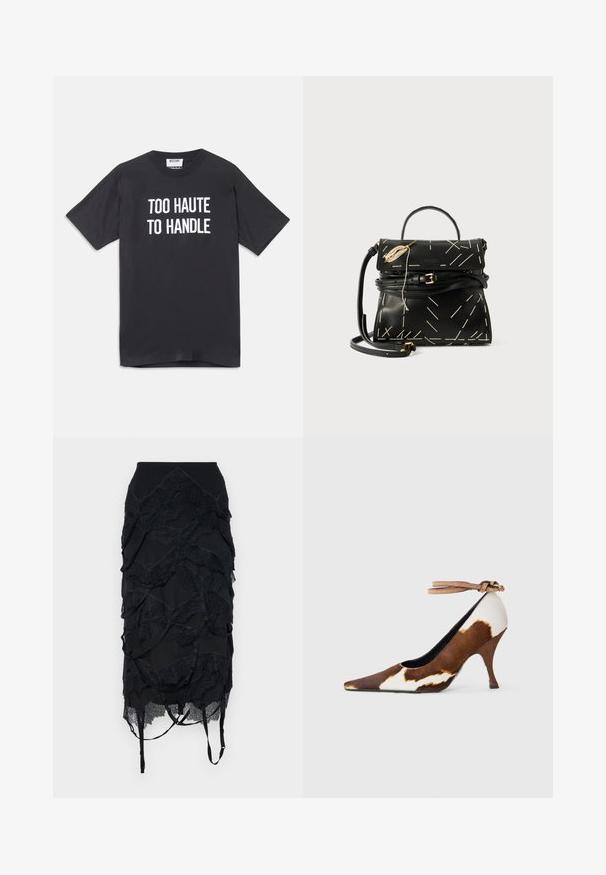 Must must nohikuga mustriga t-särk, lühikeste varrukatega ja ümmarguse kaelusega, mille esiküljel on valge tekst "TOO HAUTE TO HANDLE".; Mustvalge seelik, mis on kaunistatud kihiliste pitsaktsentidega, kitseneva vöökohtaga ja reguleeritavate rihmadega. Kujunduses on laineline muster, mis ulatub kogu seeliku ulatuses.; Pruun ja valge lehmamustriga kõrge kontsaga king, terava varbaga, tekstureeritud pinnaga ja pahkluuringiga, millel on helepruun pandla.; Must musta nahk käekott geomeetrilise valge õmblusega, ülemise käepideme ja eemaldatava õlavarre rihmaga. Sisaldab kuldseid detaile ja lukuga sulgemist.