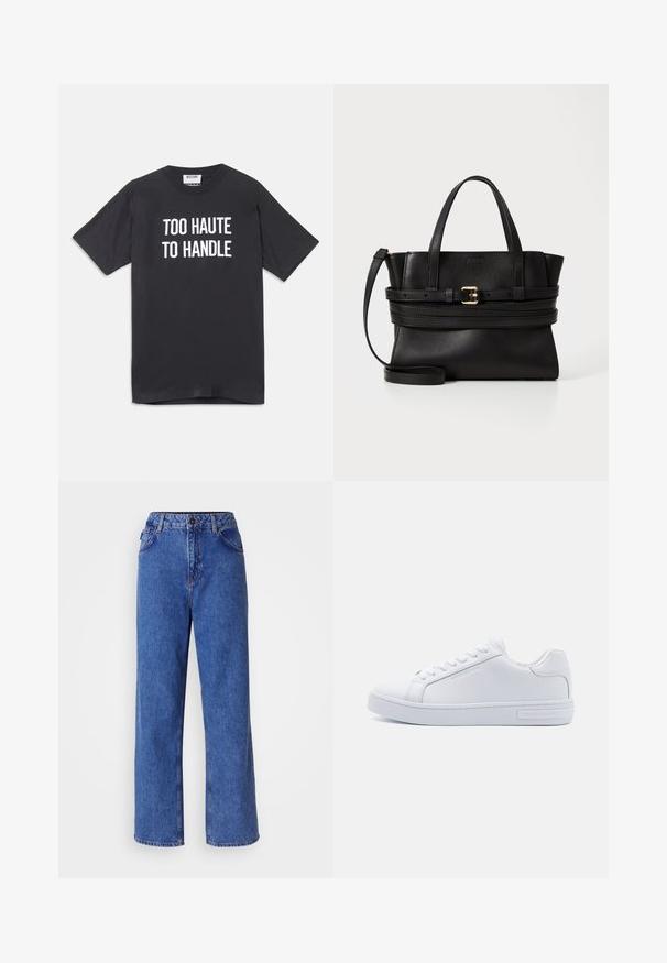 Schwarzes Baumwoll-T-Shirt mit kurzen Ärmeln und rundem Ausschnitt, auf der Vorderseite mit weißem Text, der "TOO HAUTE TO HANDLE" lautet.; HUGO LENI B - Wide Leg - bright blue; Weiße Leder Sneaker in niedrigem Schnitt mit runder Zehenpartie, flacher Gummisohle und Logodetail an der Seite. Verfügt über sechs Paar Ösen und strukturierte Akzente.; Schwarze Lederhandtasche mit strukturiertem Design, doppelten Obergriffen, abnehmbarem Trageriemen und goldfarbener Schnallenakzent auf einem horizontalen Band.