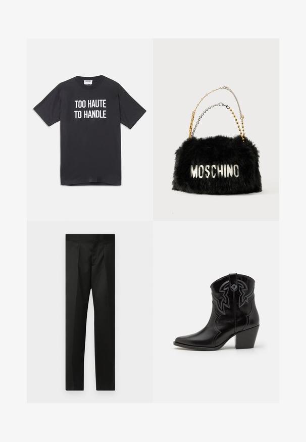 Czarna bawełniana koszulka z krótkim rękawem i okrągłym dekoltem, z białym napisem "ZA GORĄCA, ŻEBY TO ZNIEŚĆ" z przodu.; Czarne spodnie wykonane z gładkiego materiału, z dopasowanym krojem, prostymi nogawkami oraz płaskim pasem bez widocznych zapięć lub kieszeni.; Maje - Botki kowbojki i motocyklowe; Czarna torebka z imitacji futra z złotymi i srebrnymi łańcuszkami. Na przedniej stronie znajduje się logo "MOSCHINO" w białym kolorze. Miękka tekstura i prostokątny kształt.