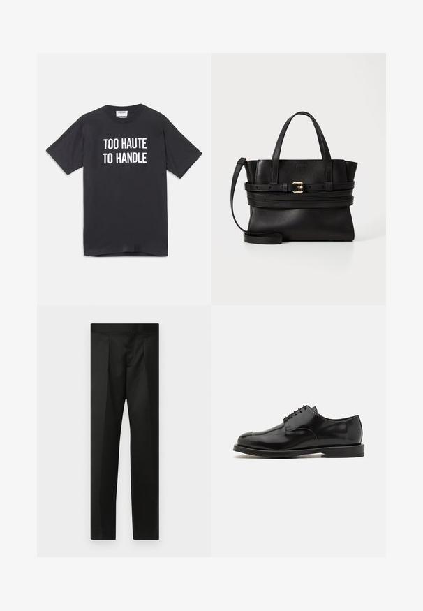 Sort bomulds t-shirt med korte ærmer og rund halsudskæring, der har hvid tekst der står "TOO HAUTE TO HANDLE" på forsiden.; Sorte bukser med en glat stof, skræddersyet design, lige ben og en flad talje uden synlige lukninger eller lommer.; Sorte læderherresko med en poleret finish, rund tå, snørelukning, kontrasterende sål og minimalistiske syninger.; Sort lædertaske med struktureret design, dobbelt hanke, aftagelig rem og guldspænde som accent på en vandret bælt.
