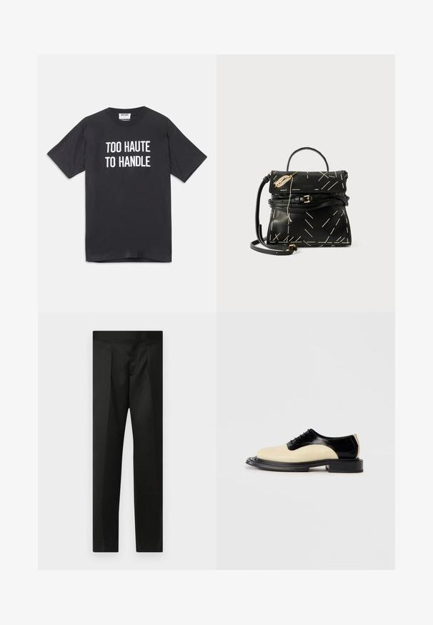 Černé bavlněné tričko s krátkým rukávem a kulatým výstřihem, na přední straně s bílým nápisem "TOO HAUTE TO HANDLE".; Černé kalhoty s hladkým materiálem, přizpůsobeným střihem, rovnými nohavicemi a plochým pasem bez viditelných zapínání či kapes.; Dvoubarevné šněrovací boty s krémově béžovou koženou špičkou a lesklým černým koženým zadním dílem, které mají silnou černou texturovanou podešev.; Černá kožená kabelka s geometrickým bílým prošíváním, horním držadlem a odnímatelným popruhem přes rameno. Vybavena zlatými akcenty a zipovým uzávěrem.