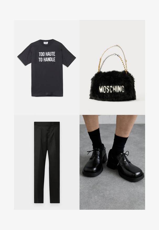 Black cotton t-shirt with short sleeves and round neckline, featuring white text that reads "TOO HAUTE TO HANDLE" on the front.; Black trousers featuring a smooth fabric, tailored design, straight legs, and a flat waistband with no visible closures or pockets.; MIISTA ALTHEA BROGUES - Lace-ups - black; Black faux fur handbag with gold and silver chain straps. Features "MOSCHINO" logo in white on the front. Soft texture and rectangular shape.