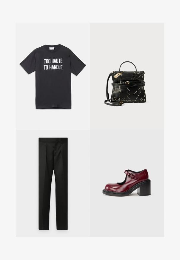 Melna kokvilnas T-kreklu ar īsām piedurknēm un apaļu kakla izgriezumu, ar baltu tekstu "PĀRĀK KARSTS, LAI TIKT UZMANĪTS" uz Priekšpuses.; Melnas bikses ar gludu audumu, pielāgotu dizainu, taisnām kājām un platu jostu bez redzamām aizdaram vai kabatām.; Burgundijas krāsas ādas Mary Jane kurpes ar noapaļotu purngali, regulējamu sprādzi un masīlu melnu papēdi, ar gludu, spīdīgu tekstūru.; Melnas ādas rokassomu ar ģeometrisku baltu šuvumu, augšējo rokturi un noņemamu plecu siksnu. Iekļauj zeltītus akcentus un rāvējslēdzēja aizdari.