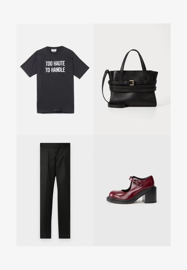 Black cotton t-shirt with short sleeves and round neckline, featuring white text that reads "TOO HAUTE TO HANDLE" on the front.; Black trousers featuring a smooth fabric, tailored design, straight legs, and a flat waistband with no visible closures or pockets.; Burgundy leather Mary Jane shoe with a rounded toe, adjustable buckle, and a chunky black heel, featuring a smooth, shiny texture.; Black leather handbag with structured design, dual top handles, detachable strap, and gold buckle accent on a horizontal band.