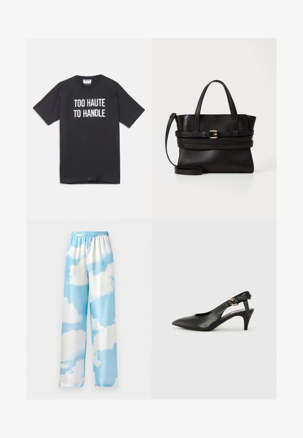 T-shirt en coton noir à manches courtes et col rond, avec un texte blanc sur le devant qui dit "TROP CHAUD POUR ÊTRE GÉRÉ".; Pantalon bleu ciel avec un motif de nuages, fabriqué en tissu lisse, avec une taille élastique et des jambes larges. Pas de poches ni de matériel visible.; Chaussure à talon slingback en cuir noir avec un bout pointu, un petit talon et un détail de boucle sur la bride de cheville. Texture lisse, design minimaliste.; Sac à main en cuir noir avec un design structuré, deux poignées supérieures, une bandoulière amovible et un accent de boucle dorée sur une bande horizontale.