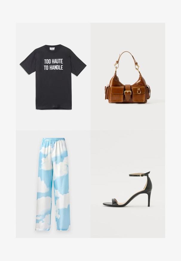 Melna kokvilnas T-kreklu ar īsām piedurknēm un apaļu kakla izgriezumu, ar baltu tekstu "PĀRĀK KARSTS, LAI TIKT UZMANĪTS" uz Priekšpuses.; Debes zilas bikses ar mākoņu rakstu, izgatavotas no gludas auduma, ar elastīgu jostas vietu un platām kājām. Nav redzamu kabatu vai detaļu.; Melnas ādas augstpapēžu sandales ar potītes siksniņu. Iezīmes gluda tekstūra, atvērta purngala un plāna papēža. Zelta krāsas sprādzes detaļa.; Brūna ādas rokassoma ar izliekta formu, diviem zelta toniem, divām priekšējām kabatām un platu siksnu. Gluda tekstūra ar elegantu apdari.