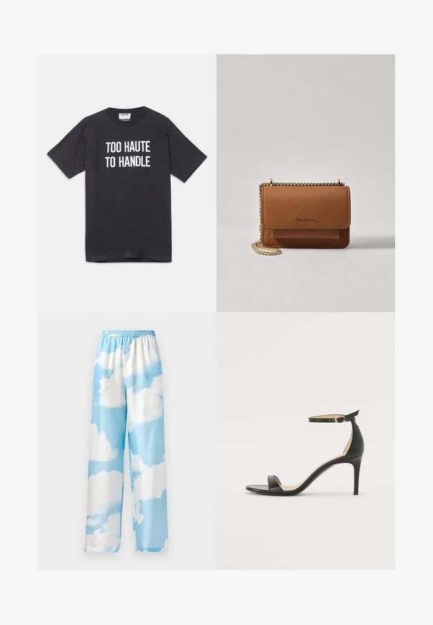 Črna bombažna majica s kratkimi rokavi in okroglim izrezom, ki na sprednji strani vsebuje beli napis "PREVISOKO ZA OBVLADOVANJE".; Hlače svetlo modre barve s vzorcem oblakov, narejene iz gladkega materiala, z elastičnim pasom in širokimi nogami. Brez vidnih žepov ali kovinskih elementov.; Črne usnjene sandale s peto, ki imajo priponko za gleženj. Imajo gladko teksturo, odprt prst in tanek peto. Podrobnost z zlatim sponko.; Rjava teksturirana usnjena torba čez ramo z zlatim verižnim trakom in zapiranjem na pokrov. Spredaj je vidna podrobnost logotipa in žep pod pokrovom.