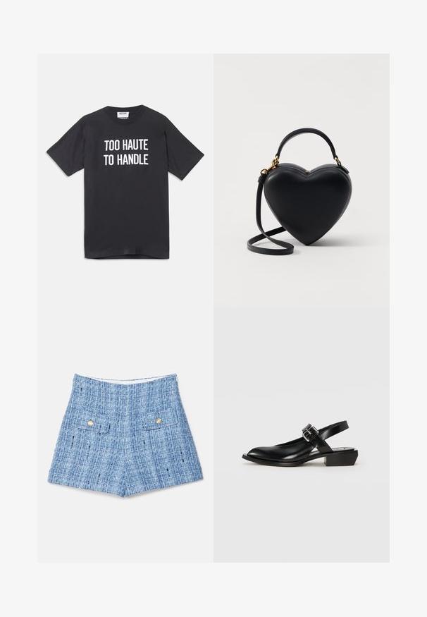 Zwart katoenen t-shirt met korte mouwen en ronde halslijn, met witte tekst die "TOO HAUTE TO HANDLE" op de voorkant weergeeft.; Blauwe tweed shorts met een gestructureerd oppervlak, voorzien van twee voorzakken met gouden knopen en een strak, op maat gemaakt design.; Zwarte leren slingback-schoen met een spitse neus, vierkante hak en verstelbare gespsluiting. Gladde textuur met een minimalistisch ontwerp.; Zwarte hartvormige tas van soepel leer, met een handvat aan de bovenkant, een afneembare schouderband en accenten van goudkleurig beslag.