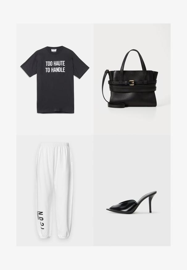 Black cotton t-shirt with short sleeves and round neckline, featuring white text that reads "TOO HAUTE TO HANDLE" on the front.; DSQUARED2 ICON ICON - Tracksuit bottoms - white; Black leather high-heeled mules with an open toe, pointed design, smooth texture, and a slim stiletto heel.; Black leather handbag with structured design, dual top handles, detachable strap, and gold buckle accent on a horizontal band.