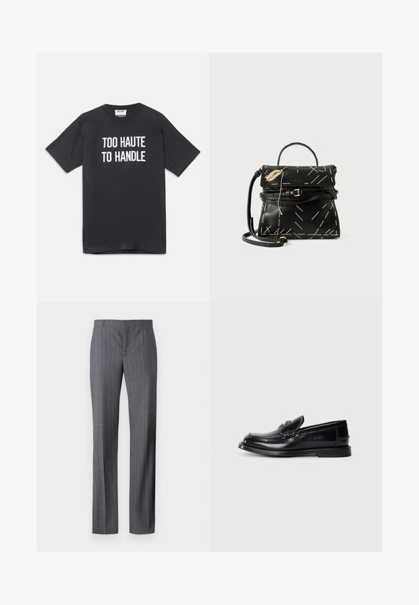 Črna bombažna majica s kratkimi rokavi in okroglim izrezom, ki na sprednji strani vsebuje beli napis "PREVISOKO ZA OBVLADOVANJE".; Sive prugaste hlače iz gladkega materiala, z ravnim krojem, ravnim sprednjim delom in brez vidnih žepov ali okrasnih elementov.; Črne usnjene loafer čevlje z izvišeno zasnovo, majhno sprednjo loputo in ravnim gumijastim podplatom. Gladka tekstura z zlatim kovinskim poudarkom.; Črna usnjena torbica z geometrskim belim šivom, zgornjim ročajem in snemljivim naramnim trakom. Ima zlatne dodatke in zadrgo.