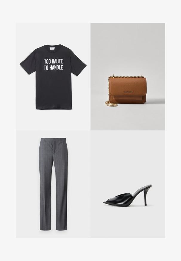 Black cotton t-shirt with short sleeves and round neckline, featuring white text that reads "TOO HAUTE TO HANDLE" on the front.; Gray pinstriped trousers made from smooth fabric, featuring a straight-leg design, flat front, and no visible pockets or embellishments.; Black leather high-heeled mules with an open toe, pointed design, smooth texture, and a slim stiletto heel.; Brown textured leather crossbody bag with gold chain strap and flap closure. Front features logo detail and a pocket under the flap.