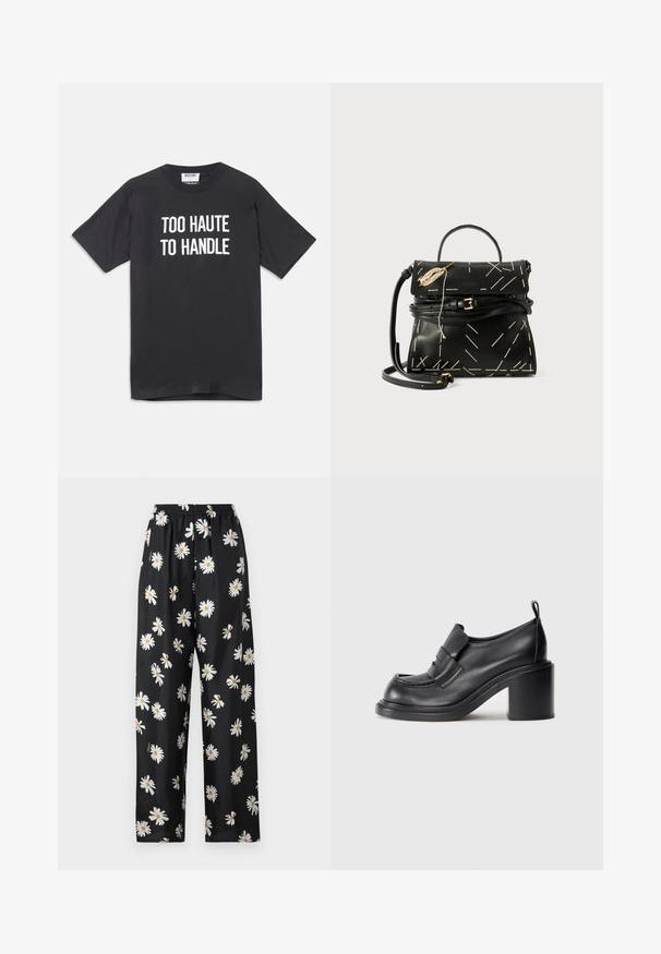 Fekete pamut póló rövid ujjakkal és kerek nyakkivágással, elöl fehér felirattal: "TÚL FORRÓ AHHOZ, HOGY KEZELNI TUDJUK".; Fekete pizsamanadrág könnyű anyagból, rugalmas derékkal, fehér bársonyos virágmintával és narancssárga középpel az egész felületen.; Fekete bőr magassarkú cipők kerek orral, kiemelkedő pánttal a lábfejen és tömzsi sarokkal. Simáld textúra, minimális varrással.; Fekete bőr kézitáska geometriai fehér varrással, felső fogantyúval és levehető vállpánttal. Arany kiegészítők és cipzáras záródás jellemzi.