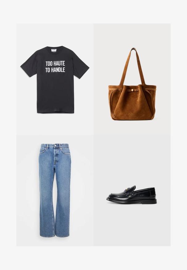 Mustapaita, jossa on lyhyet hihat ja pyöreä kaula-aukko, edessä valkoisilla kirjaimilla teksti "TROPPA HAUTOA KÄSITELLYTTÄVÄKSI".; Vaaleat korkeavyötäröiset farkut, joissa on suora ja leveä lahje. Ominaisuudet klassinen denimkohta ja viisi taskua. Sileä pinta.; Musta nahkaloaferi, jossa on ommeltu muotoilu, pieni etuläppä ja litteä kumipohja. Silkkinen pinta kullanvärisillä yksityiskohdilla.; Ruskea samettinen kantolaukku, jossa on kaksinkertaiset kahvat, nappikiinnitys ja rento, hieman lörpähtänyt muoto.