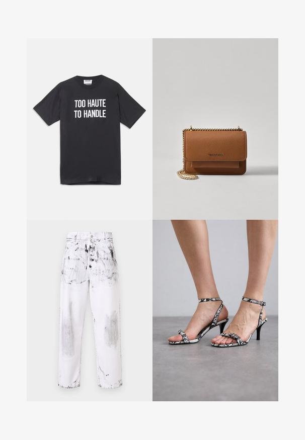 T-shirt preto de algodão com mangas curtas e gola redonda, apresentando texto branco que diz "TÃO QUENTE PARA MANUSEAR" na frente.; MOSCHINO LAUREL CROWN EMBLEM - Wide leg - fantasia bianco; Sandálias de salto alto com padrão de pele de cobra em preto e branco, com tiras finas e um pequeno detalhe de fivela. O salto é delgado e pontiagudo.; Bolsa crossbody de couro texturizado castanho com alça de corrente dourada e fecho com aba. A parte da frente apresenta detalhe do logótipo e um bolso sob a aba.