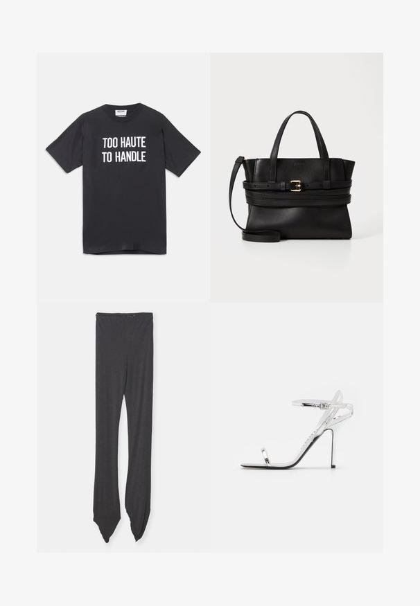 Fekete pamut póló rövid ujjakkal és kerek nyakkivágással, elöl fehér felirattal: "TÚL FORRÓ AHHOZ, HOGY KEZELNI TUDJUK".; Sötét szürke leggings, puha anyagból készült, széles derékrésszel és hegyes, tapered végződésekkel. A design sima, minta nélkül.; Ezüst magas sarkú szandál vékony pántokkal és karcsú dizájnnal. Kiemelkedő orral és tűsarkúval rendelkezik, melyet egy fekete talp egyensúlyoz.; Fekete bőr kézitáska strukturált dizájnnal, párhuzamos felső fogantyúkkal, levehető pánttal és arany csat díszítéssel egy vízszintes sávon.