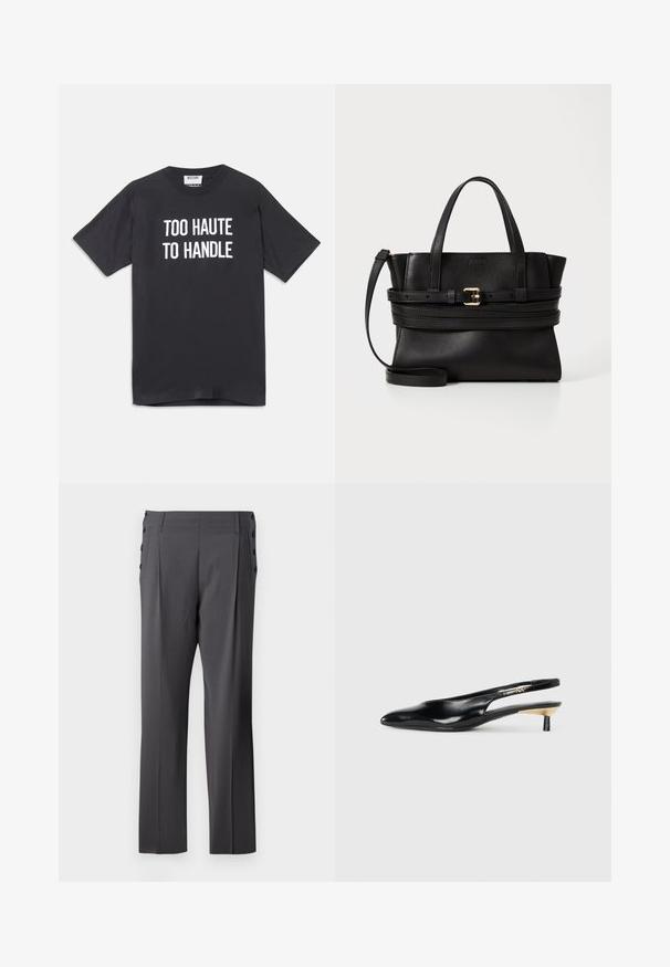 Čierne bavlnené tričko s krátkymi rukávmi a okrúhlym výstrihom, na prednej strane s bielym textom "TOO HAUTE TO HANDLE".; Šedé nadmerne nohavice s rovnou nohou, prednými skladmi a dekoračnými bočnými knoflíkmi pre prípadné detaily. Hladká textúra látky.; Čierne slingback lodičky s ostrou špicou, lesklým koženým povrchom a malým podpätkom s zlatým doplnkom. Elegantný dizajn s otvorenou zadnou časťou.; Čierna kožená kabelka so štruktúrovaným dizajnom, dvojitými hornými uchami, odnímateľným popruhom a zlatým prackovým akcentom na horizontálnej páske.