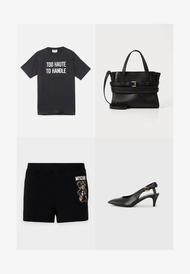 Juoda medvilninė marškinė su trumpomis rankovėmis ir apvalia iškirpte, priekyje užrašyta balta tekstu "PER DAUG KARŠTA VALDYTI".; Juodi medvilniniai šortai su lokio grafika, dekoruota spalvingais pleistrais. Juosmuo elastingas, užtikrinantis patogumą ir laisvą prigludimą.; Juodas odinis slingback kelnaitė su smailiu pirštu, mažu kulnu ir sagtimi ant kulkšnies dirželio. Lygus paviršius, minimalus dizainas.; Juodas odinis rankinukas su struktūrizuota forma, dviem viršutinėmis rankenomis, nuimamu dirželiu ir auksiniu užsegimu horizontalioje juostoje.