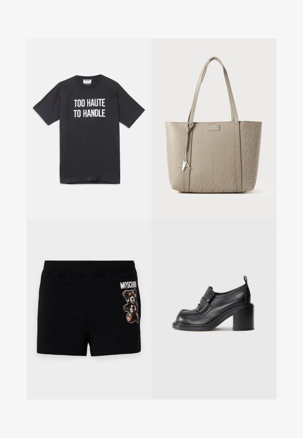 Black cotton t-shirt with short sleeves and round neckline, featuring white text that reads "TOO HAUTE TO HANDLE" on the front.; Black cotton shorts featuring a graphic of a bear with colorful patches. The waistband is elastic for comfort and a casual fit.; Black leather heeled shoes featuring a round toe, prominent band across the vamp, and a chunky heel design. Smooth texture with minimal stitching.; Tan tote bag made of textured synthetic material, featuring an all-over geometric pattern, dual handles, and a silver charm accent.