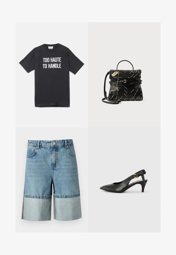 Crna pamučna majica kratkih rukava s okruglim izrezom, na prednjem dijelu s bijelim natpisom "TOO HAUTE TO HANDLE".; MOSCHINO JEANS Kratke hlače od trapera - fantasia blu; Crna kožna slingback cipela s uskim prstom, malim potpeticom i kopčom na remenu oko članka. Glatka tekstura, minimalistički dizajn.; Crna kožna torba s geometrijskim bijelim šavovima, s gornjom drškom i odvojivom remenom za rame. Ima zlatne detalje i zatvaranje na patent zatvarač.