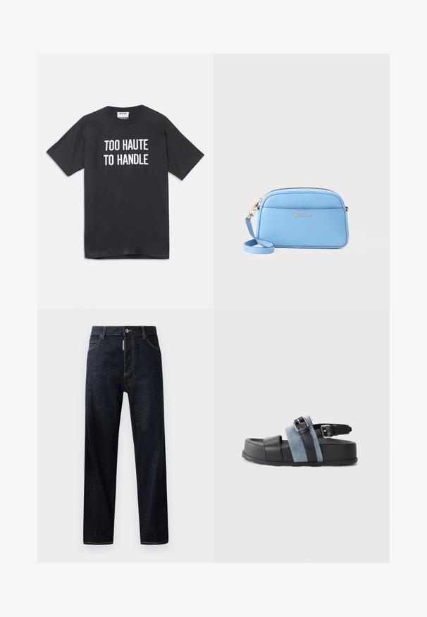 Tricou din bumbac negru cu mâneci scurte și guler rotund, având text alb care spune "PREA HOT PENTRU A FI MANEVRAT" pe față.; Blugi din denim de un albastru închis, cu tăietură dreaptă, având sistem de închidere cu nasture, bucle pentru curea și o cusătură ușor contrastantă. Fără modele sau desene.; Sandală neagră și albastră cu o platformă groasă, din material din piele și denim, cu cataramă reglabilă și design cu vârf deschis.; Geantă de umăr din piele albastru deschis, cu accente aurii, închidere cu fermoar și un buzunar frontal. Dispune de o curea ajustabilă pentru confort.
