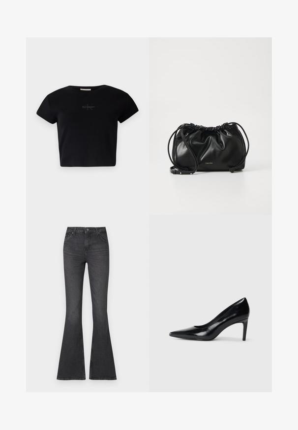 Musta ribattu lyhythihainen crop-top pehmeästä materiaalista, jossa on hienovarainen Calvin Klein -logo keskellä. Yksinkertainen, klassinen muotoilu.; Korkea vyötärö, flare-malliset mustat farkut, joissa on klassinen viisi-taskumalli ja huomaamattomat tekstuurivaihtelut.; Mustat nahkakengät korkealla korolla, terävä kärki, sileä pinta ja kapeneva korko. Minimalistinen muotoilu, ei ylimääräisiä koristeita.; Musta nahkainen käsilaukku, jossa on kerroksellinen muotoilu, kaksinkertainen nauhakiinnitys ja irrotettava olkahihna. Sisältää metallisen logo-yksityiskohdan.