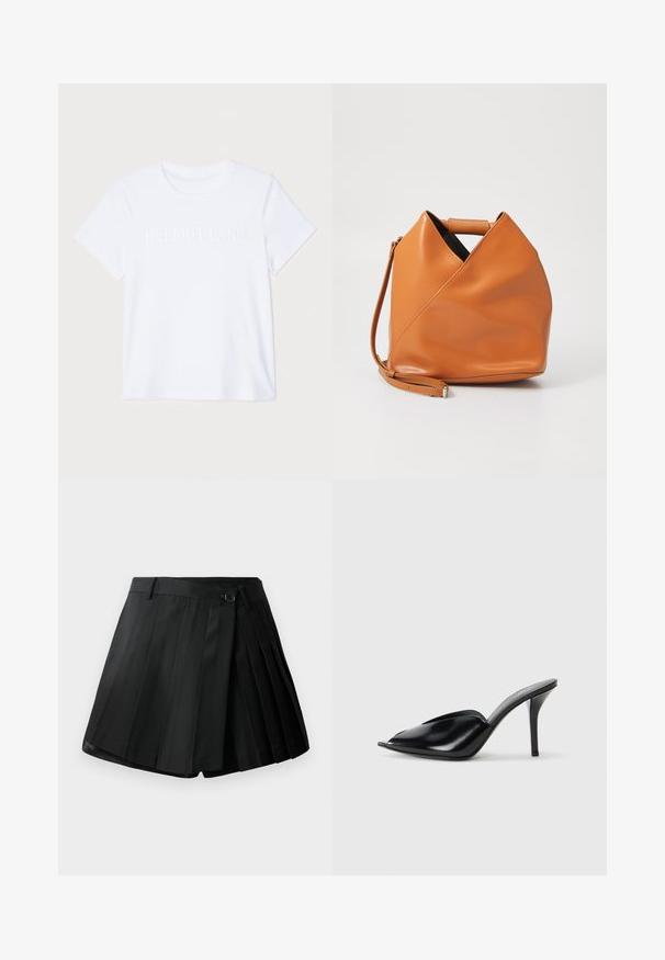 Balta medvilnės marškinėliai su trumpomis rankovėmis, su subtiliai įspauduotu "HELMUT LANG" logotipu per krūtinę. Apvalus kaklos iškirpimas, lygus tekstūra.; Juodos plisuotos šortai, pasižymintys plokščiu priekiu, sagčių uždarymu ir lengvu audiniu. Išsiskiria ryškiomis plisėmis ir švaria apdaila.; Juodos odinės aukštakulnės mules su atvira pirštine, smailiu dizainu, lygiu paviršiumi ir plonu stiletto kulnu.; Tan spalvos odinė rankinė su unikaliu trikampio formos lankstymo dizainu, viršutine rankena ir nuimamu peties diržu ant balto fono.