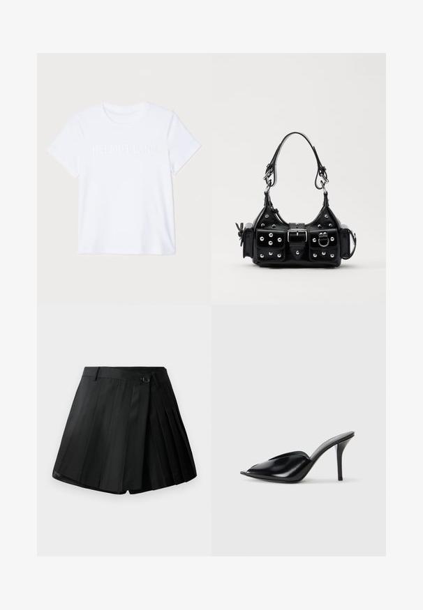 Biely bavlnený tričko s krátkymi rukávmi, s jemne vyrazeným logom "HELMUT LANG" na hrudi. Okrúhly výstrih, hladká textúra.; Čierne plisované šortky s plochým predným dielom, gombíkovým zapínaním a ľahkým materiálom. Vybavené ostrými plisami a čistým lemom.; Čierne kožené vysoké podpätky s otvorenou špičkou, špicatý dizajn, hladká textúra a štíhly stiletto podpätok.; Čierna kožená kabelka s zakriveným dizajnom, doplnená striebornými cvočkami, prackou a dvoma bočnými vreckami. Nastaviteľný popruh poskytuje rôzne možnosti nosenia.