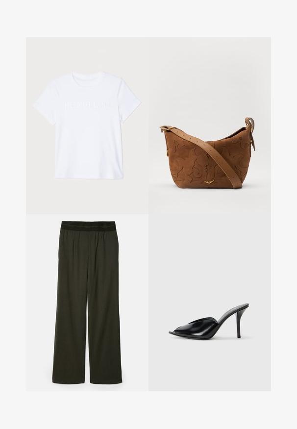 White cotton T-shirt with short sleeves, featuring subtle embossed "HELMUT LANG" logo across the chest. Round neckline, smooth texture.; Dark green wide-leg trousers with a smooth texture, elastic waistband, and no visible patterns or accents.; Black leather high-heeled mules with an open toe, pointed design, smooth texture, and a slim stiletto heel.; Brown suede shoulder bag with embossed floral design, complemented by a smooth brown leather strap and gold-tone hardware accent.