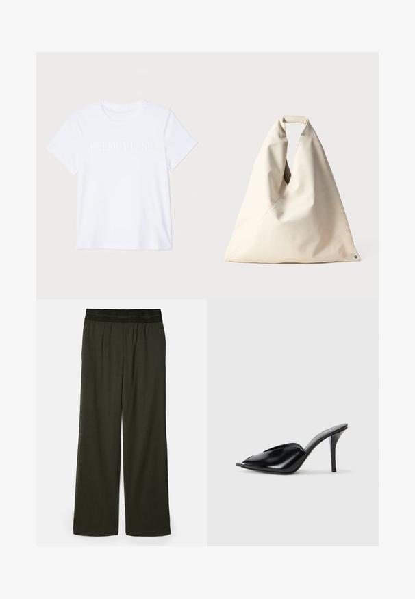 Tricou din bumbac alb cu mâneci scurte, având un logo subtil embosat "HELMUT LANG" pe piept. Guler rotund, textură netedă.; Pantaloni largi de culoare verde închis, cu o textură netedă, talie elastică și fără modele sau accente vizibile.; Mule-uri negre din piele cu toc înalt, cu vârf deschis, design ascuțit, textură fină și toc subțire stiletto.; Geantă bej, cu textură moale, având un mâner unic răsucit și detaliu cu cusătura diagonală. Design minimalist cu un accent rotund la bază.