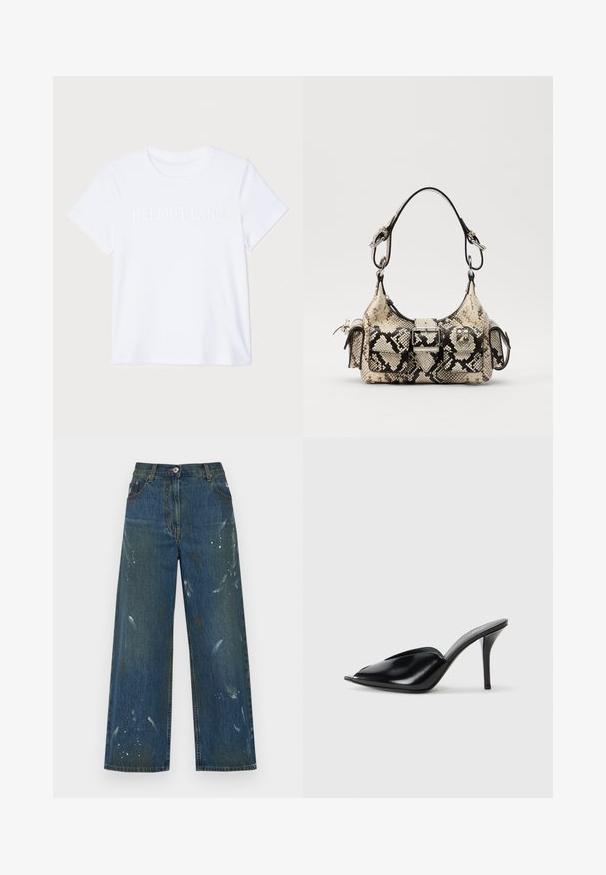 Bílé bavlněné tričko s krátkým rukávem, na kterém je decentně embosované logo "HELMUT LANG" přes hrudník. Kolo výstřih, hladká textura.; Džíny s širokými nohavicemi v tmavě modré denimové barvě, zdobené detaily barvení. Klasický design s pěti kapsami a zapínáním na knoflík v pase.; Černé kožené vysoké muly s otevřenou špičkou, špičatým designem, hladkým povrchem a štíhlým jehlovým podpatkem.; Pythonový tiskový kabelka v béžové a černé barvě, s výrazným tvarem, detaily s přezkou a dvojitými ramenními popruhy. Texturovaný povrch.