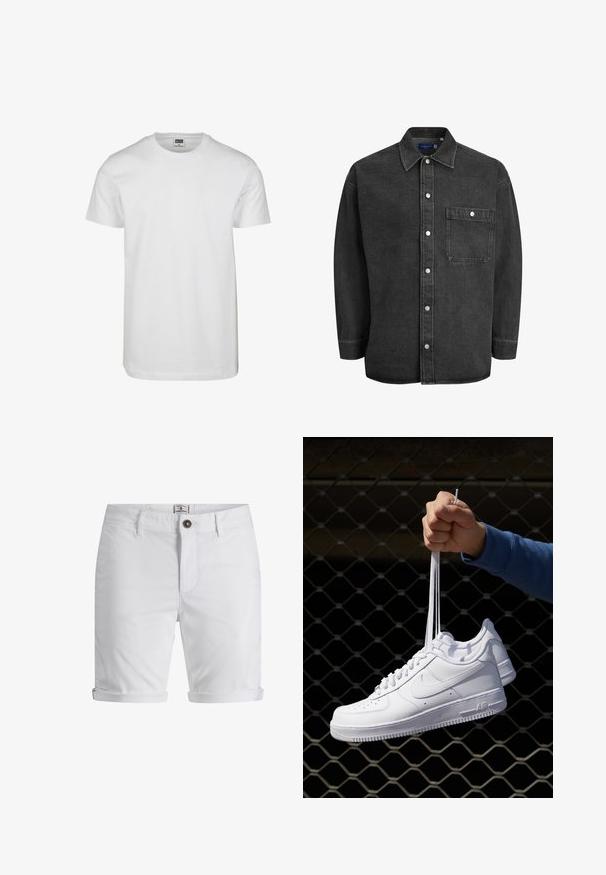 T-shirt bianco in cotone con scollo rotondo, maniche corte e vestibilità comoda. L'etichetta reca la scritta "URBAN CLASSICS". Texture liscia, senza motivi né dettagli.; Camicia in denim nera con maniche lunghe, colletto aperto, chiusura con bottoni e una tasca sul petto. Presenta bottoni a pressione argentati e una vestibilità rilassata.; Shorts in cotone bianco con orlo arrotolato, dotati di chiusura a bottone, tasche frontali e tessuto testurizzato. Design a vestibilità standard.; Sneakers in pelle bianca con perforazioni, punta rotonda, suola piatta e lacci spessi, con logo swoosh visibile e "AIR" sul tallone.