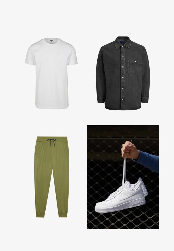White cotton t-shirt with a crew neckline, short sleeves, and a relaxed fit. Tag reads "URBAN CLASSICS." Smooth texture, no patterns or accents.; Black denim shirt with long sleeves, spread collar, button front, and one chest pocket. Features silver snap buttons and a relaxed fit.; Olive green sweatpants with an elastic waistband, black drawstring, side pockets, and ribbed cuffs at the ankles. Smooth texture.; White leather sneakers with perforations, round toe, flat sole, and thick laces, featuring a visible swoosh logo and "AIR" on the heel.