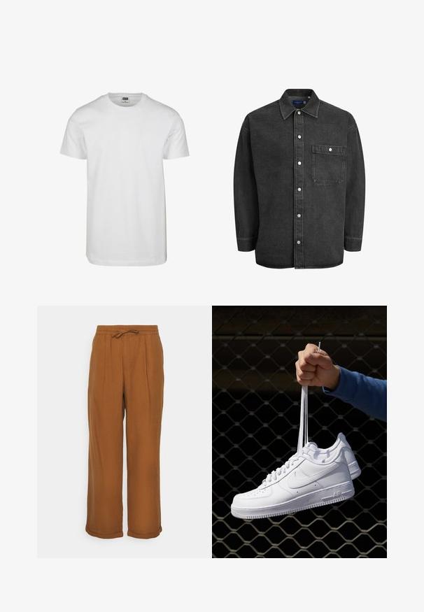 Weißes Baumwoll-T-Shirt mit Rundhalsausschnitt, kurzen Ärmeln und lockerer Passform. Das Etikett trägt die Aufschrift "URBAN CLASSICS". Glatte Textur, keine Muster oder Akzente.; Schwarzes Denim-Hemd mit langen Ärmeln, klappbarem Kragen, Knopfverschluss und einer Brusttasche. Ausgestattet mit silbernen Druckknöpfen und einer lockeren Passform.; Braune Leinenhosen mit lockerer Passform, elastischem Bund, Kordelzug und zwei vorderen Falten für zusätzliche Textur. Aufgeschlagene Säume am Abschluss.; Weiße Leder-Sneaker mit Perforationen, runder Zehenpartie, flacher Sohle und dicken Schnürsenkeln, mit sichtbar eingesticktem Swoosh-Logo und "AIR" an der Ferse.