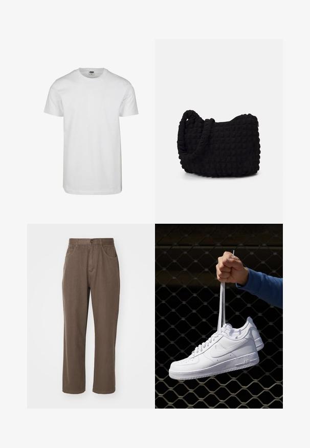 Biała bawełniana koszulka z okrągłym dekoltem, krótkimi rękawami i luźnym krojem. Metka mówi "URBAN CLASSICS." Gładka tekstura, bez wzorów ani akcentów.; Brązowe bawełniane spodnie o prostym kroju, z dwoma przednimi kieszeniami, zamkiem błyskawicznym oraz zapięciem na guziki.; Białe skórzane sneakersy z perforacjami, okrągłym noskiem, płaską podeszwą i grubymi sznurówkami, z widocznym logo swoosh i napisem „AIR” na pięcie.; Czarna torba z materiału o fakturowanym, pikowanym wzorze. Owalny kształt, krótkie, grube rączki oraz miękka, elastyczna struktura.