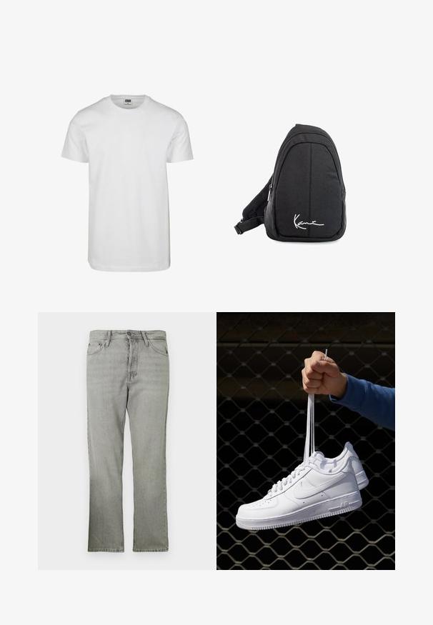 T-shirt bianco in cotone con scollo rotondo, maniche corte e vestibilità comoda. L'etichetta reca la scritta "URBAN CLASSICS". Texture liscia, senza motivi né dettagli.; Jeans in denim grigio chiaro con taglio dritto, dotati di cinque tasche, chiusura frontale con zip e leggero effetto sbiadito.; Sneakers in pelle bianca con perforazioni, punta rotonda, suola piatta e lacci spessi, con logo swoosh visibile e "AIR" sul tallone.; Zaino a tracolla in tessuto nero con una superficie liscia, caratterizzato da un design curvo, scomparto con zip e un logo bianco sul davanti.