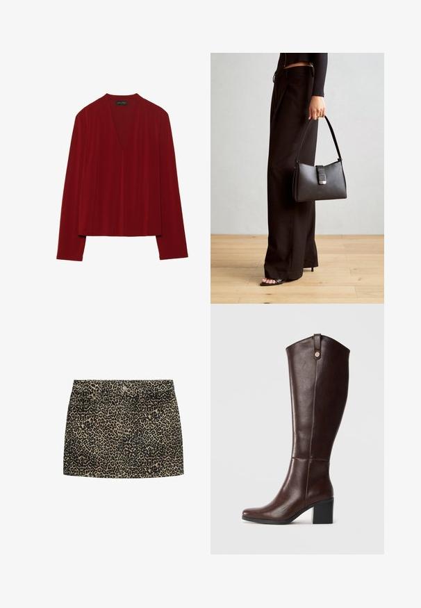 Červený dlouhý rukáv top vyrobený z měkké tkaniny, s hlubokým výstřihem do V a uvolněným střihem. Hladká, minimální textura bez viditelných vzorů.; Džínová minisukně s leopardím potiskem, úzkým pasem, předním zapínáním na knoflíky a dvěma bočními kapsami, v béžovo-černé barevné kombinaci.; Hnědá kožená vysoká bota po kolena s blokovým podpatkem, hladkým povrchem, zaoblenou špičkou a dekorativními zlatými prvky na vršku.; Černá kabelka se strukturovaným tvarem, hladkým povrchem a kovovým uzávěrem. Kombinována s širokými černými kalhotami a sandály s otevřenou špičkou na dřevěné podlaze.