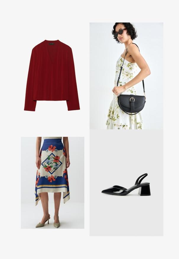 Rode lange mouwen top van zachte stof, met een diepe V-halslijn en een relaxte pasvorm. Glad, minimaal textuur zonder zichtbare patronen.; Jimmy Key FLORAL PATTERNED MIDI - A-lijn rok - mixed; Zwarte gepatineerde leren slingback hakken met een spitse neus en een geometrische blokhak. Kenmerkt zich door een slank, minimalistisch ontwerp en een gladde textuur.; Zwarte leren handtas met een gebogen vorm, afneembare schouderband en gouden hardware. De tas heeft een klep met een gespsluiting.