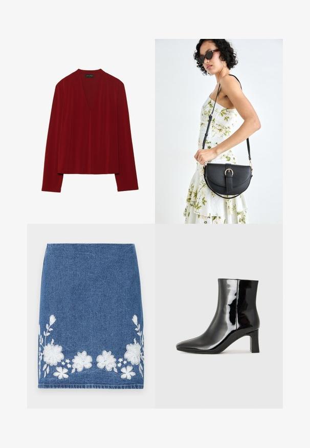 Rdeča majica z dolgimi rokavi, izdelana iz mehkega materiala, z globokim V-izrezom in sproščenim krojem. Gladka, minimalistična tekstura brez vidnih vzorcev.; Denim krilo v temno modri barvi z belim cvetličnim vezenjem na robu. Ravno krojena z brezhibnim zaključkom. Brez vidne kovine ali dodatkov.; Črne lakirane gležnjarje z ošiljenim nosom in srednje visokim blokastim peto. Gladka tekstura in minimalističen dizajn.; Črna usnjena torbica s ukrivljeno obliko, z odstranljivo naramnico in zlatimi dodatki. Torbica ima pokrov s podrobnostmi v obliki zaponke.