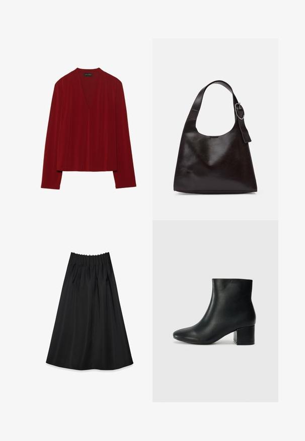 Sarkana garā piedurkņu krekls, izgatavots no mīkstas auduma, ar dziļu V veida kakla izgriezumu un brīvu piegriezumu. Gluda, minimāla tekstūra bez redzamām rakstām.; Melna svārku kleita, kas izgatavota no gludas auduma ar elastīgu jostasvietu un krokām, ar plūstošu dizainu, kas sniedzas līdz puslīdz galvai.; Melna ādas potīšu zābaki ar smailu purngalu un masīlu papēdi. Gluda tekstūra ar minimāliem akcentiem un gludu, pieguļošu dizainu.; Brūns ādas plecu soma ar gludu tekstūru, noapaļu formu, platu jostu un apaļu metāla akcentu uz roktura.