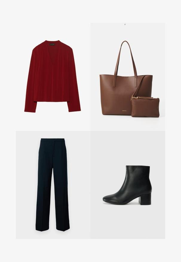 Top rojo de manga larga hecho de un tejido suave, con un escote en V profundo y un corte relajado. Textura lisa y mínima, sin patrones visibles.; Pantalones de pierna ancha negros, hechos de una tela suave, con una cintura alta, pliegues en la parte delantera y un diseño limpio y minimalista.; Botas de cuero negras hasta el tobillo con una punta afilada y un tacón grueso. Textura lisa con acentos mínimos y un diseño elegante y ajustado.; Bolso tote de imitación cuero marrón con dos asas largas y un pequeño bolso a juego. La superficie presenta un patrón texturizado y detalles en dorado.