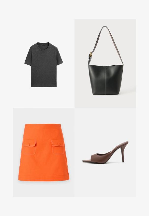 T-shirt corto grigio scuro realizzato in morbido cotone. Presenta un classico col girocollo e un orlo dritto senza motivi o dettagli.; Gonna di cotone arancione con due tasche frontali, chiusure a bottone e cuciture bianche a contrasto. Forma a A con vita definita.; Mule aperti con tacco alto in pelle marrone, dal design elegante, caratterizzati da una larga fascia anteriore e un sottile tacco a stiletto.; Borsa a spalla nera in pelle con una texture liscia, forma curvata e una sola tracolla regolabile con hardware dorato e un accento con il logo.