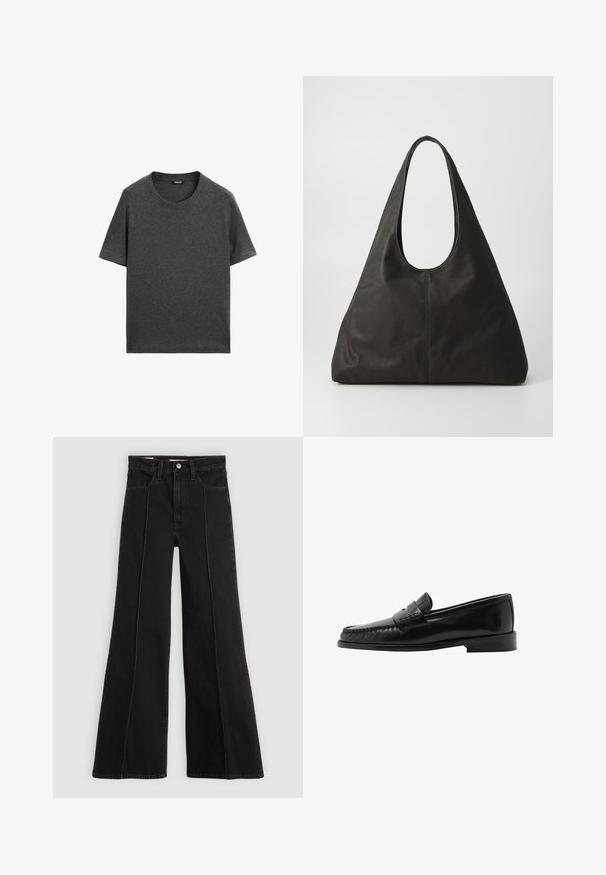 Tmavě šedé tričko s krátkým rukávem vyrobené z měkké bavlněné tkaniny. Má klasický kulatý výstřih a rovný lem bez vzorů nebo akcentů.; Černé džíny s vysokým pasem a širokými nohavicemi, s prošitím v přední části, zapínáním na knoflík, poutky na opasek a předními kapsami na jednoduchém světlém pozadí.; Černé kožené mokasíny s prohnutým siluetam, dekoračním páskem, texturovaným prošíváním a plochou gumovou podrážkou. Hladký povrch a elegantní design.; Černá kožená taška přes rameno s zakřiveným držadlem, prodlouženým trojúhelníkovým tvarem a hladkým povrchem. Disponuje minimalistickým designem bez viditelného kování.