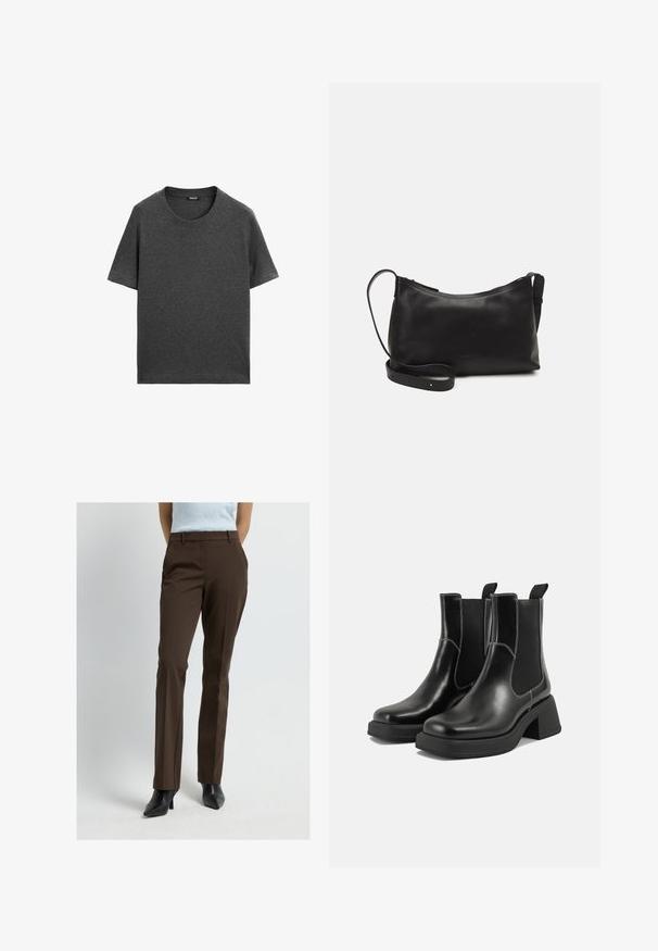 Mörkgrå kortärmad t-shirt i mjukt bomullstyg. Har en klassisk rund halsringning och rak fåll utan mönster eller detaljer.; Bruna skräddarsydda byxor med slim fit, med en slät yta, midjeband, sidofickor och en veck längs fram. Tillsammans med svarta klackar.; Svarta läder Chelsea-boots med en kraftig klack, elastiska sidpaneler och kontrasterande vit sömnad. Texturerad yta.; Svart läder axelväska med en slät yta, rundad form, justerbar rem och dragkedjestängning. Minimalistisk design utan utsmyckningar.