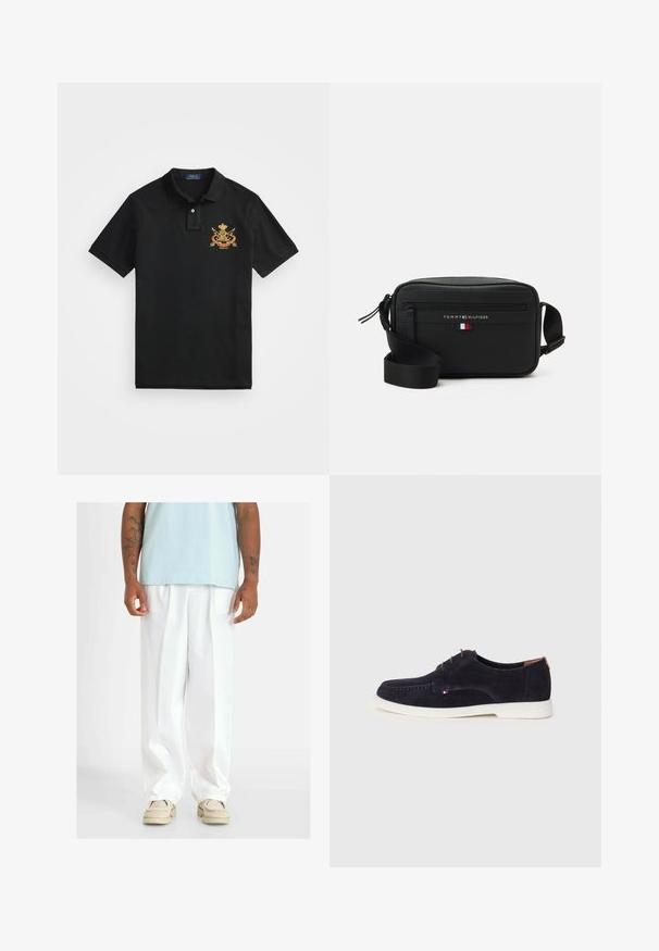 Sort polo skjorte lavet af bomuld, med en klassisk krave, to-knaps placket og et broderet våbenskjold på venstre bryst.; Hvide brede bukser med en glat tekstur, der har forkantfald. Bruges med en lyseblå top og beige sko.; Mørkeblå ruskinds snørebåndssko med hvid gummisål, der har en syet tådetalje og et lille tricolorlogo på siden.; Sort crossbody-taske lavet af tekstureret materiale med en lynlåslomme, justerbar rem og et logo med tricolor detaljer.