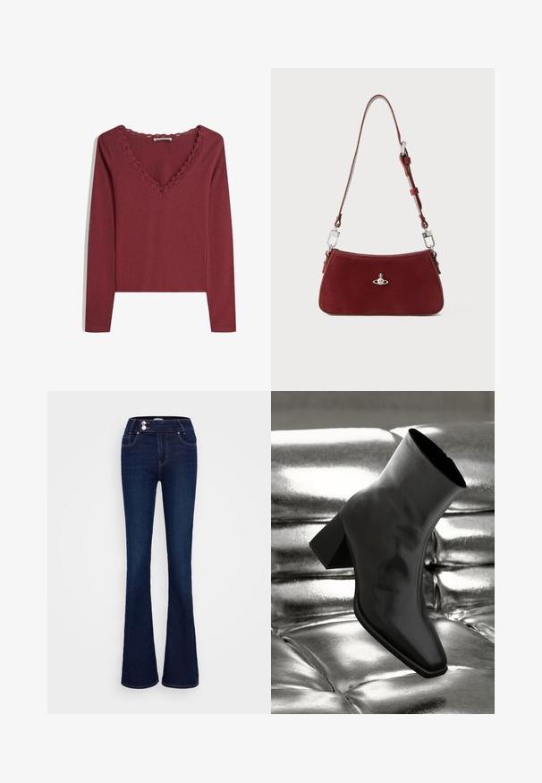 Bordeaux pitkähihaisena paita, jossa on V-pääntie ja nokka-tyylinen pitsireuna. Pehmeä kangas, jossa on vartalonmyötäinen malli ja sivuraot helmassa.; Tummansinisiä leveälahkeisia farkkuja, joissa on korkea vyötärö, kaksi etutaskua ja kaksi napinläpeä. Valmistettu sileästä denimsistä.; Musta nilkkuri, joka on valmistettu kiiltävästä materiaalista, jossa on neliömäinen kärki ja kapeahko kanta, asetettuna kiiltävän hopean tuftatun taustan eteen.; Punainen mokkakankainen olkalaukku, jolla on kaareva muoto. Varustettu hopeanvärisellä yksityiskohdalla ja säädettävällä hihnalla, jossa on metalliyksityiskohtia. Pinta on sileä.