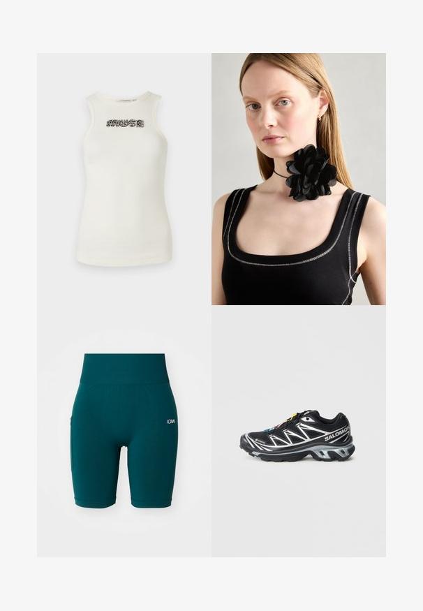 Cream-colored tank top made of ribbed material, featuring black and silver jeweled lettering that spells "MUSE" on the front.; Teal athletic shorts made of stretchy fabric. High waistband and side pocket. Simple design with small white logo on the front.; Black running shoe with silver accents, GORE-TEX material, textured sole, and colorful laces. Features a cushioned heel for support.; Black flower choker collar made of layered petals, worn with a black ribbed tank top featuring silver accents along the neckline and shoulders.