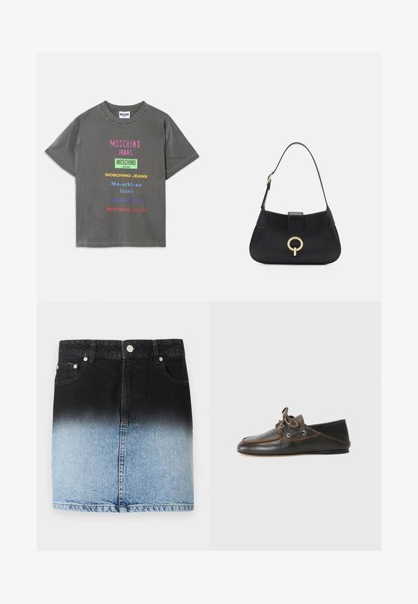 Graues Baumwoll-T-Shirt mit verschiedenen hellen "MOSCHINO JEANS"-Schriftzügen in unterschiedlichen Schriftarten, mit entspannter Passform und rundem Ausschnitt.; Denimrock mit einem Ombre-Design, das von Schwarz oben zu Hellblau unten übergeht. Fünf Taschen und Details aus silbernem Metall.; Schwarzes Lederboot mit brauner Naht, Schnürdesign und Metallösen. Flache Sohle mit abgerundeter Spitze und glatter Oberfläche.; Schwarze Ledertasche mit einer geschwungenen Silhouette, kurzer Tragriemen, zentralem goldfarbenem Hardware und glatter Textur. Keine sichtbaren Muster oder Akzente.