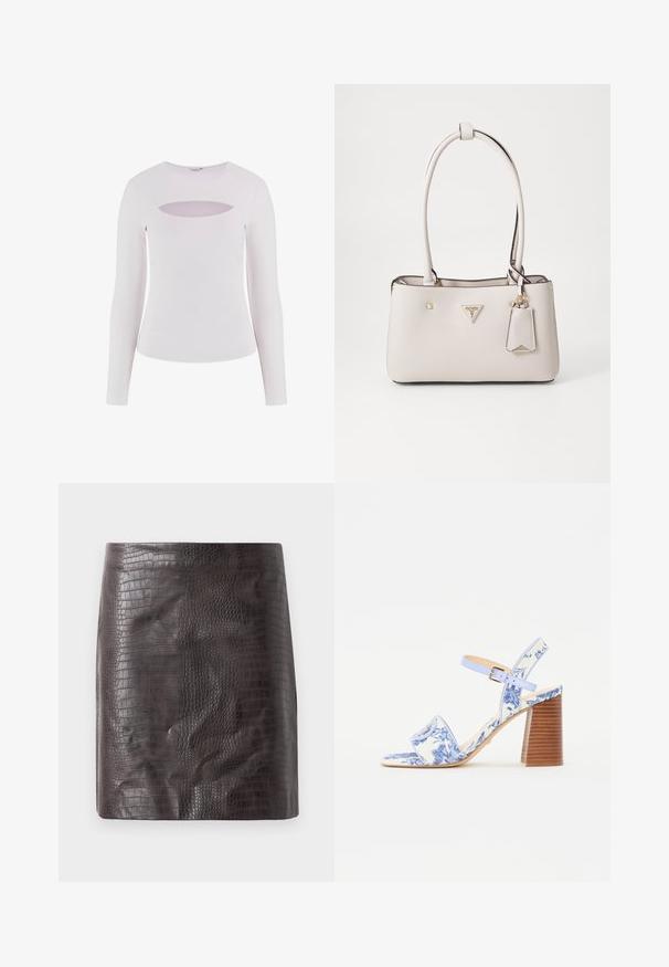 Valkoinen pitkähihaisella puserolla, jossa on ribbikuviointi, pyöreä kaula-aukko ja vaakasuora leikkaus yksityiskohtana kaula-aukon alapuolella.; Lyhyt hame krokotiilinjäljitelmää tumman ruskeana, jossa on sileä pinta ja tiukka siluetti, jossa on lievä levennys helmassa.; Sininen kukallinen sandaali, jossa on neliön muotoinen kärki, leveä hihna ja säädettävä nilkkahihna, jossa on teksturoitu puukorko.; Beige keinonahkakäsilaukku, jossa on sileä pinta, kaksi olkahihnaa, kultaiset yksityiskohdat, logokilpi ja liitetty tunnus.